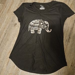 Black stretchy v-neck t-shirt with pink metalic elephant L